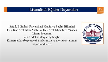 Sağlık Bilimleri Üniversitesi Hamidiye Sağlık Bilimleri Enstitüsü Afet Tıbbı Anabilim Dalı Afet Tıbbı Tezli Yüksek Lisans için 3 adet kontenjan açılmıştır
