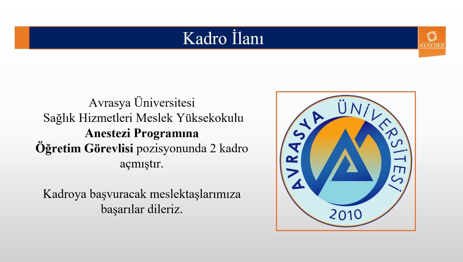 Avrasya Üniversitesi Sağlık Hizmetleri M.Y.O. Anestezi Programına Öğretim Görevlisi İlanı